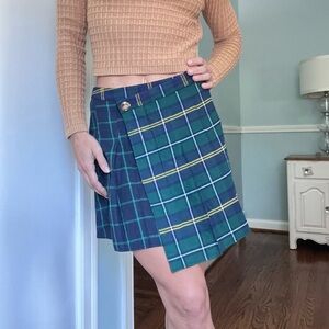 UO Flannel Plaid Green & Blue Pleated Skirt